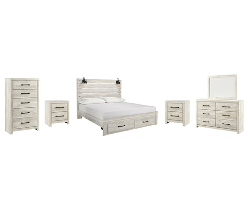 Cambeck Queen Panel Bed with 2 Storage Drawers with Mirrored Dresser, Chest and 2 Nightstands Huntsville Furniture Outlet