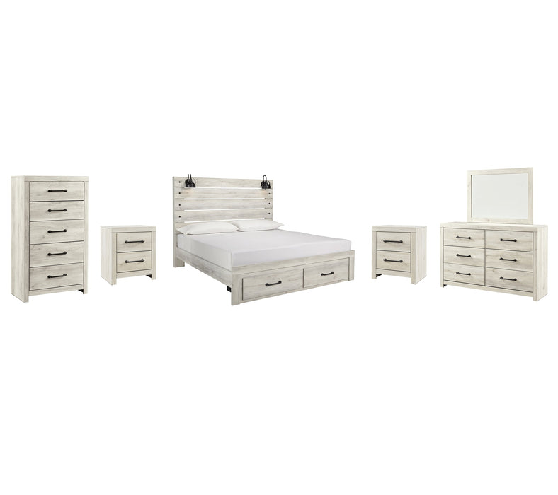 Cambeck Queen Panel Bed with 2 Storage Drawers with Mirrored Dresser, Chest and 2 Nightstands Huntsville Furniture Outlet