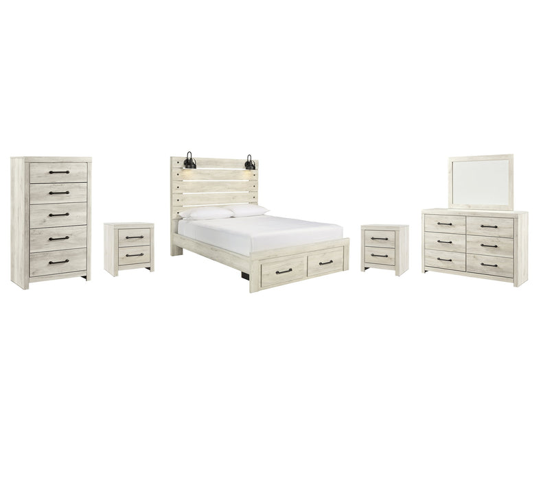 Cambeck Queen Panel Bed with 2 Storage Drawers with Mirrored Dresser, Chest and 2 Nightstands Huntsville Furniture Outlet