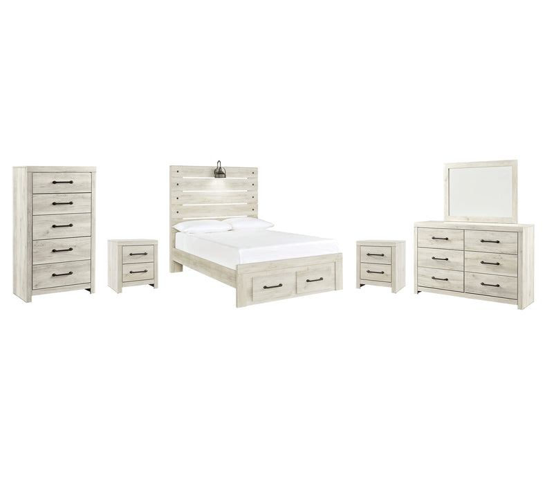 Cambeck Queen Panel Bed with 2 Storage Drawers with Mirrored Dresser, Chest and 2 Nightstands Huntsville Furniture Outlet