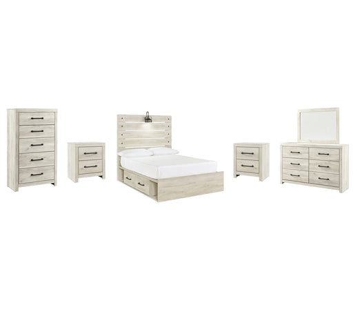 Cambeck Queen Panel Bed with 2 Storage Drawers with Mirrored Dresser, Chest and 2 Nightstands Huntsville Furniture Outlet