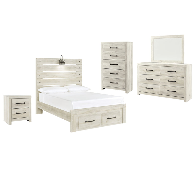 Cambeck Queen Panel Bed with 2 Storage Drawers with Mirrored Dresser, Chest and Nightstand Huntsville Furniture Outlet