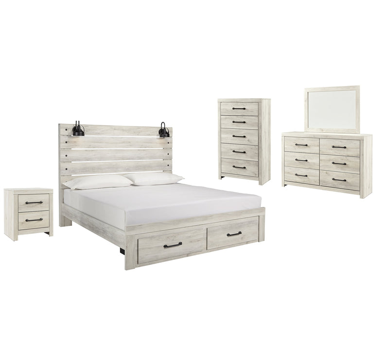 Cambeck Queen Panel Bed with 2 Storage Drawers with Mirrored Dresser, Chest and Nightstand Huntsville Furniture Outlet