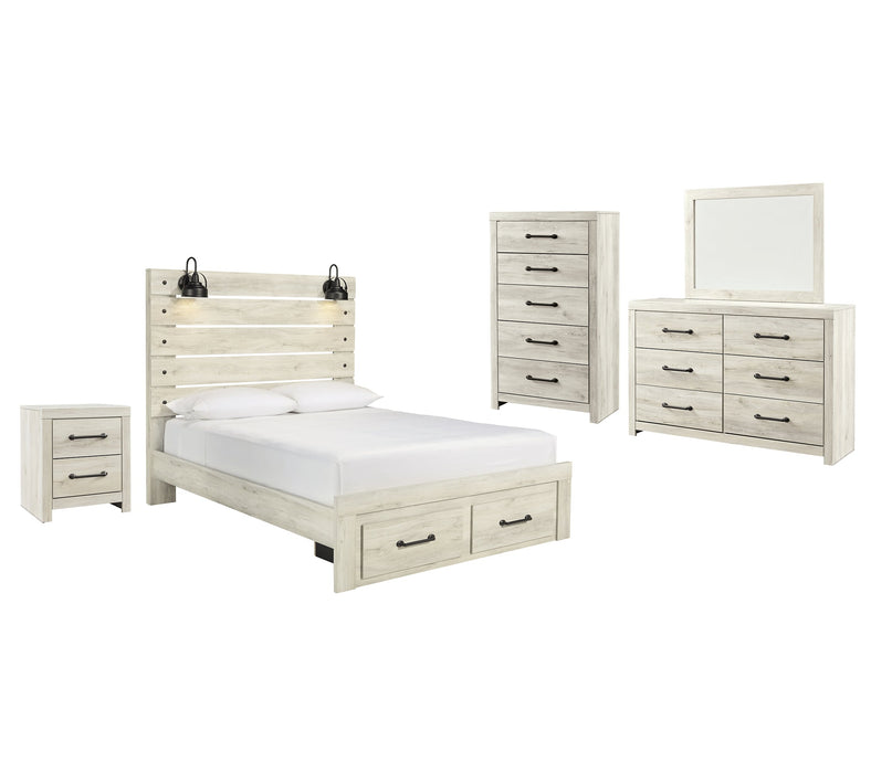 Cambeck Queen Panel Bed with 2 Storage Drawers with Mirrored Dresser, Chest and Nightstand Huntsville Furniture Outlet