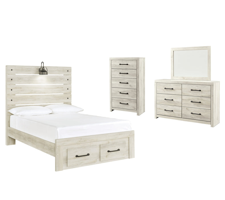 Cambeck Queen Panel Bed with 2 Storage Drawers with Mirrored Dresser and Chest Huntsville Furniture Outlet