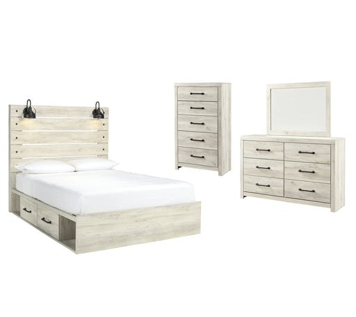 Cambeck Queen Panel Bed with 2 Storage Drawers with Mirrored Dresser and Chest Huntsville Furniture Outlet