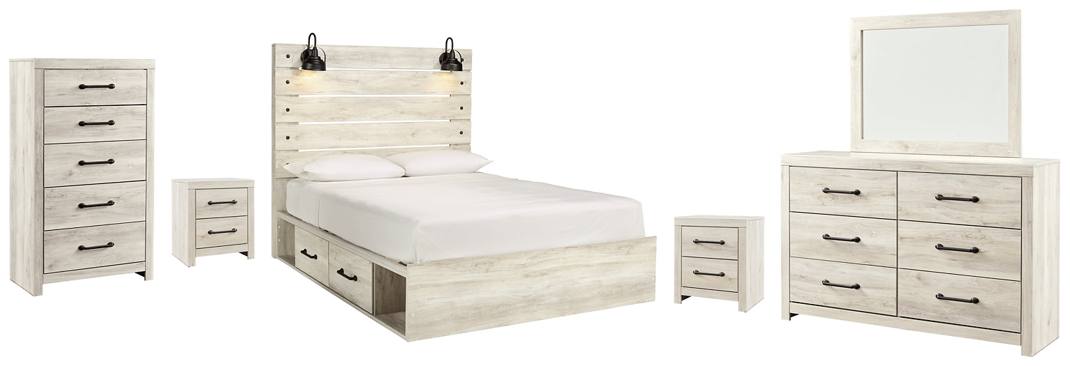 Cambeck Queen Panel Bed with 4 Storage Drawers with Mirrored Dresser, Chest and 2 Nightstands Huntsville Furniture Outlet