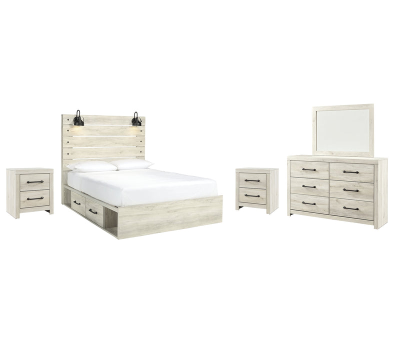 Cambeck Queen Panel Bed with 4 Storage Drawers with Mirrored Dresser and 2 Nightstands Huntsville Furniture Outlet