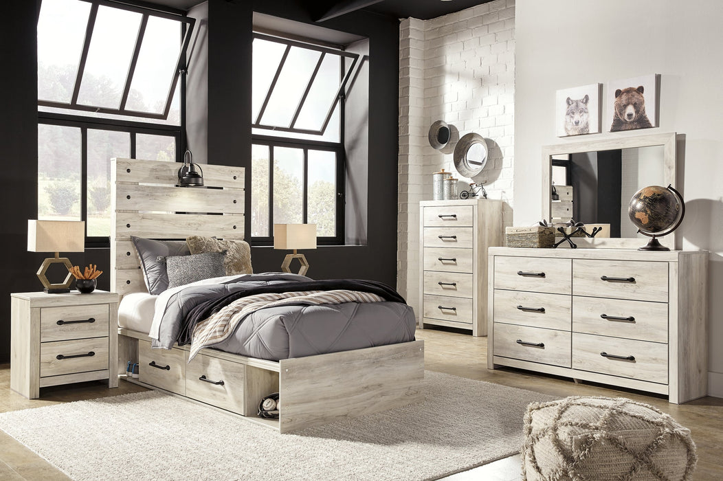 Cambeck Twin Panel Bed with 4 Storage Drawers with Mirrored Dresser, Chest and 2 Nightstands Huntsville Furniture Outlet