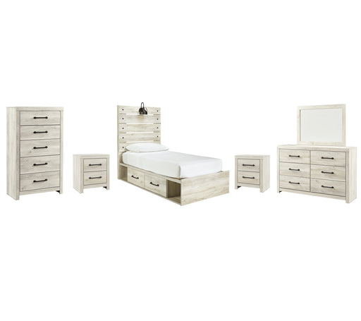 Cambeck Twin Panel Bed with 4 Storage Drawers with Mirrored Dresser, Chest and 2 Nightstands Huntsville Furniture Outlet