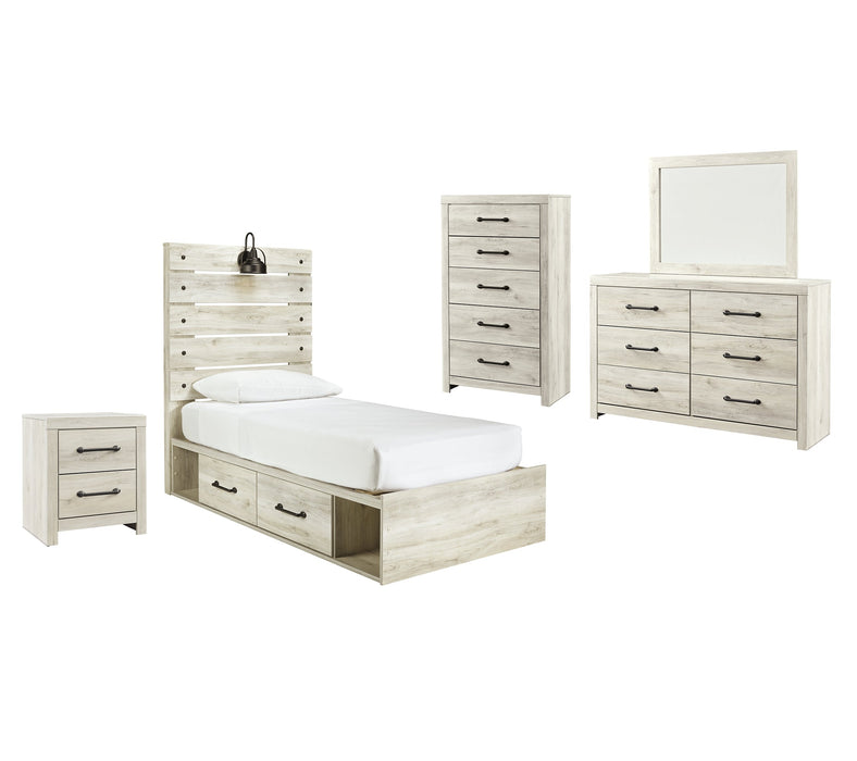 Cambeck Twin Panel Bed with 4 Storage Drawers with Mirrored Dresser, Chest and Nightstand Huntsville Furniture Outlet