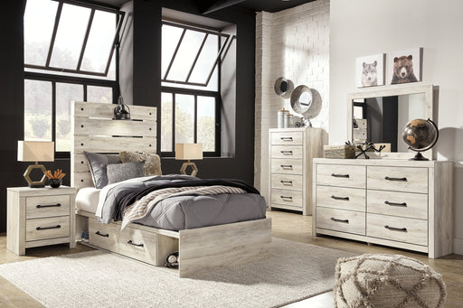 Cambeck Twin Panel Bed with 4 Storage Drawers with Mirrored Dresser, Chest and Nightstand Huntsville Furniture Outlet