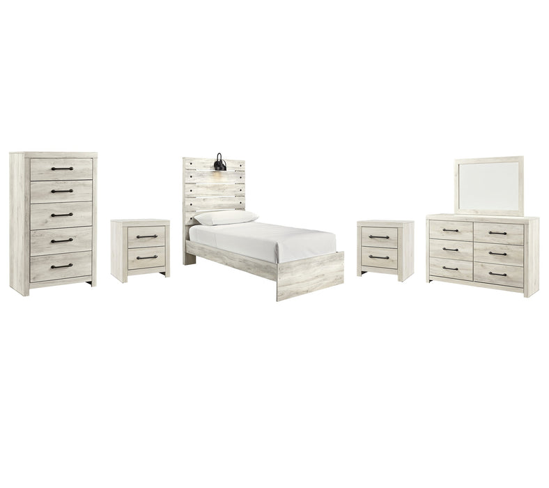 Cambeck Twin Panel Bed with Mirrored Dresser, Chest and 2 Nightstands Huntsville Furniture Outlet