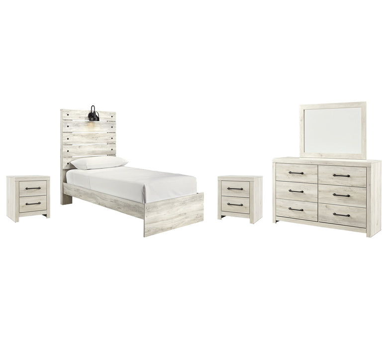 Cambeck Twin Panel Bed with Mirrored Dresser and 2 Nightstands Huntsville Furniture Outlet