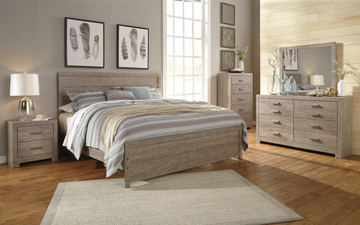 Culverbach King Panel Bed with Mirrored Dresser and Chest Huntsville Furniture Outlet