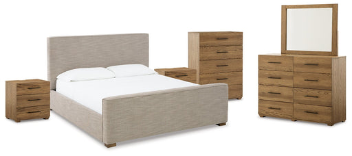 Dakmore King Upholstered Bed with Mirrored Dresser, Chest and 2 Nightstands Huntsville Furniture Outlet