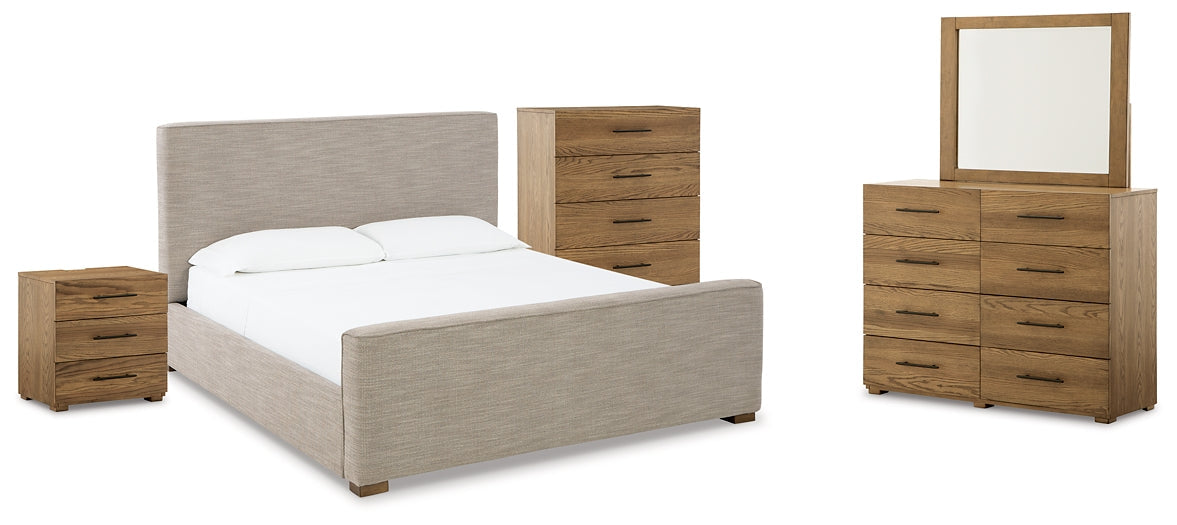 Dakmore King Upholstered Bed with Mirrored Dresser, Chest and Nightstand Huntsville Furniture Outlet