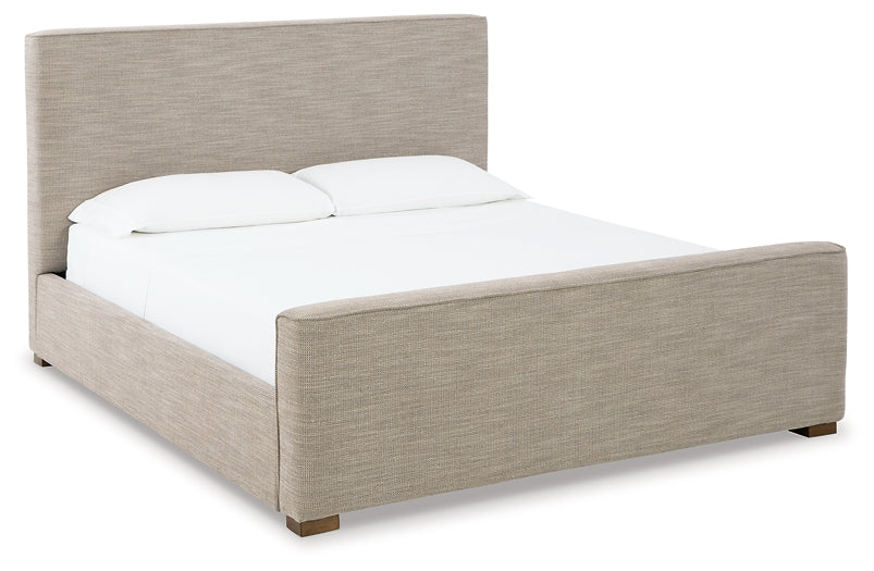 Dakmore King Upholstered Bed with Mirrored Dresser and 2 Nightstands Huntsville Furniture Outlet