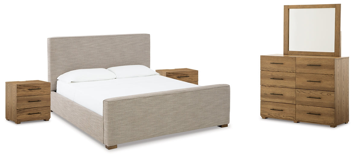 Dakmore King Upholstered Bed with Mirrored Dresser and 2 Nightstands Huntsville Furniture Outlet