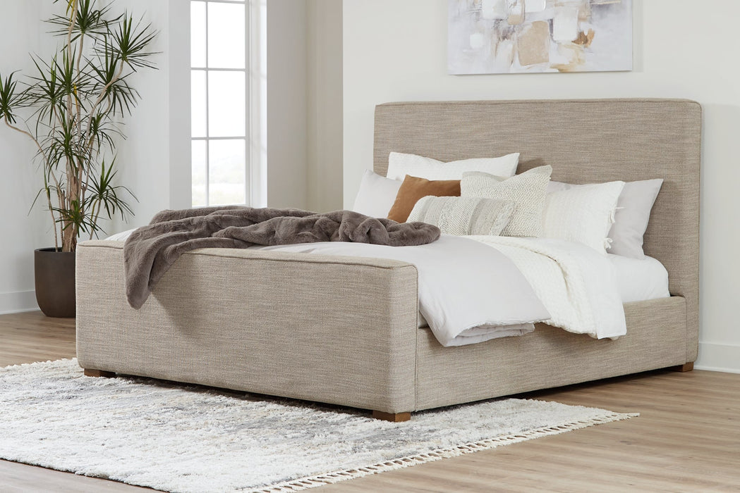 Dakmore King Upholstered Bed with Mirrored Dresser and 2 Nightstands Huntsville Furniture Outlet