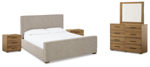 Dakmore King Upholstered Bed with Mirrored Dresser and 2 Nightstands Huntsville Furniture Outlet