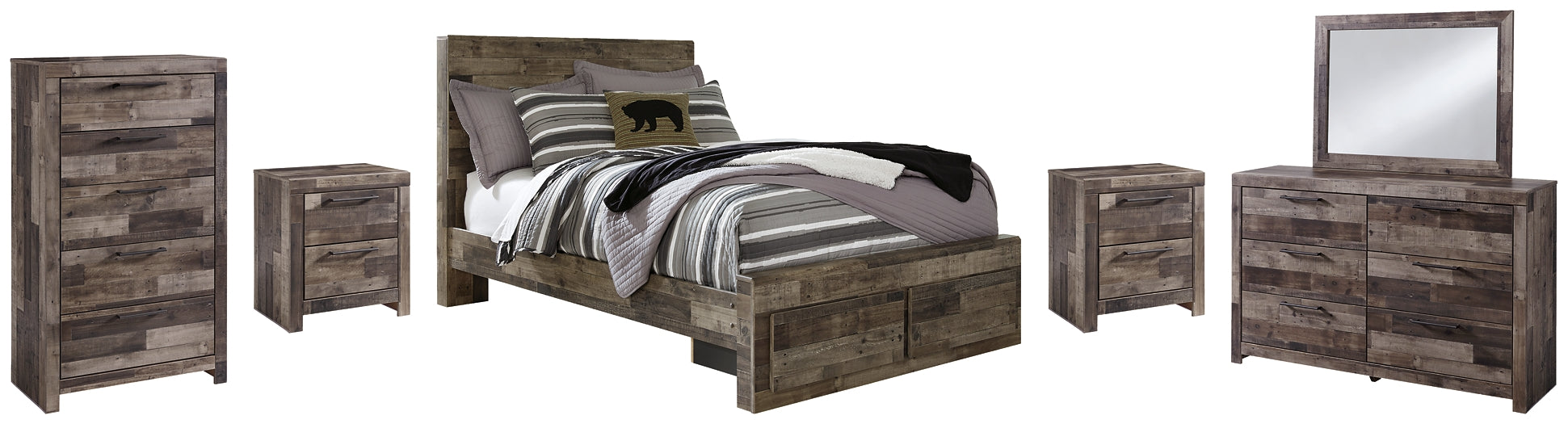 Derekson Full Panel Bed with 2 Storage Drawers with Mirrored Dresser, Chest and 2 Nightstands Huntsville Furniture Outlet