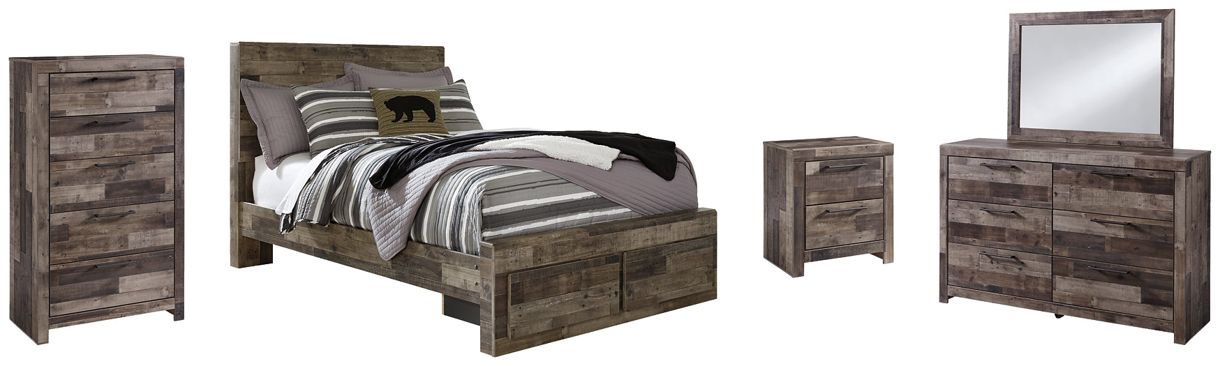 Derekson Full Panel Bed with 2 Storage Drawers with Mirrored Dresser, Chest and Nightstand Huntsville Furniture Outlet