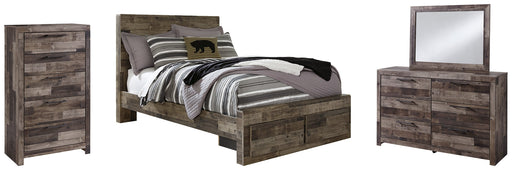 Derekson Full Panel Bed with 2 Storage Drawers with Mirrored Dresser and Chest Huntsville Furniture Outlet