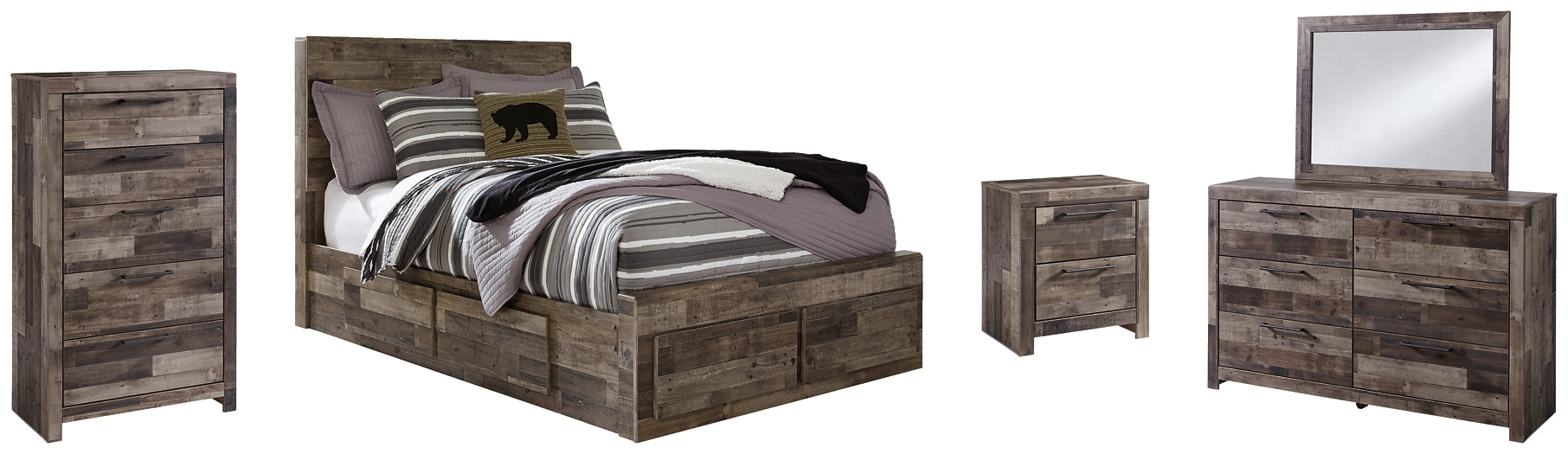 Derekson Full Panel Bed with 6 Storage Drawers with Mirrored Dresser, Chest and Nightstand Huntsville Furniture Outlet