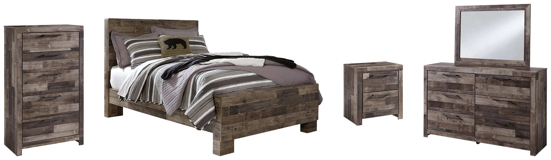 Derekson Full Panel Bed with Mirrored Dresser, Chest and Nightstand Huntsville Furniture Outlet