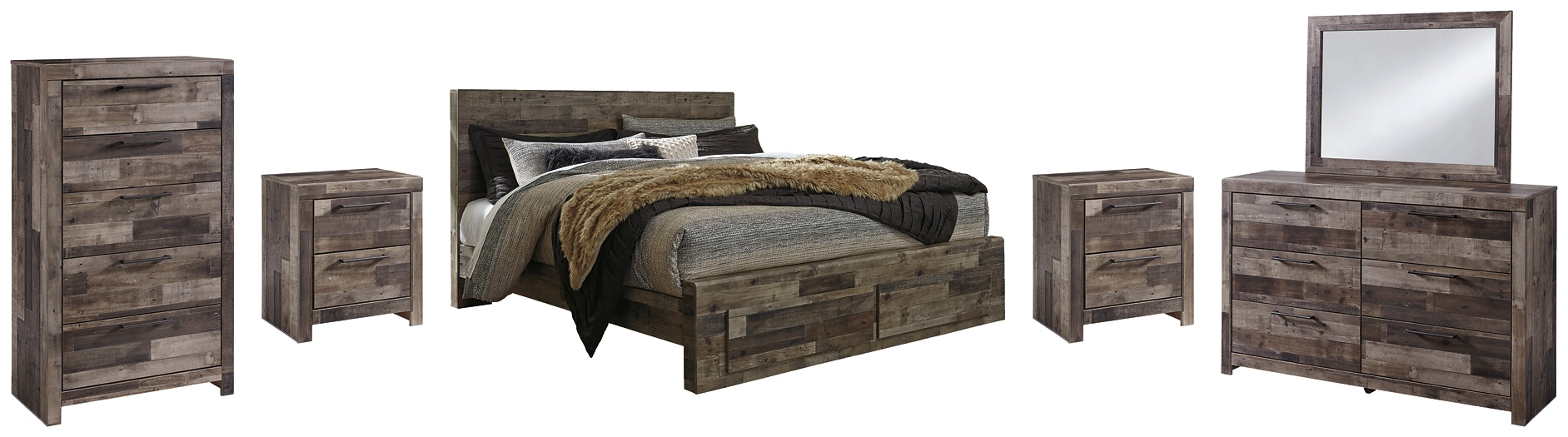 Derekson King Panel Bed with 2 Storage Drawers with Mirrored Dresser, Chest and 2 Nightstands Huntsville Furniture Outlet