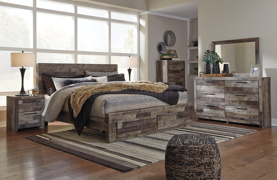 Derekson King Panel Bed with 2 Storage Drawers with Mirrored Dresser, Chest and 2 Nightstands Huntsville Furniture Outlet