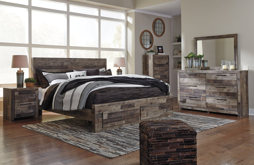 Derekson King Panel Bed with 2 Storage Drawers with Mirrored Dresser, Chest and 2 Nightstands Huntsville Furniture Outlet