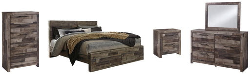 Derekson King Panel Bed with 2 Storage Drawers with Mirrored Dresser, Chest and Nightstand Huntsville Furniture Outlet