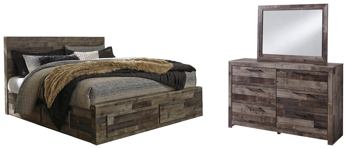 Derekson King Panel Bed with 2 Storage Drawers with Mirrored Dresser Huntsville Furniture Outlet