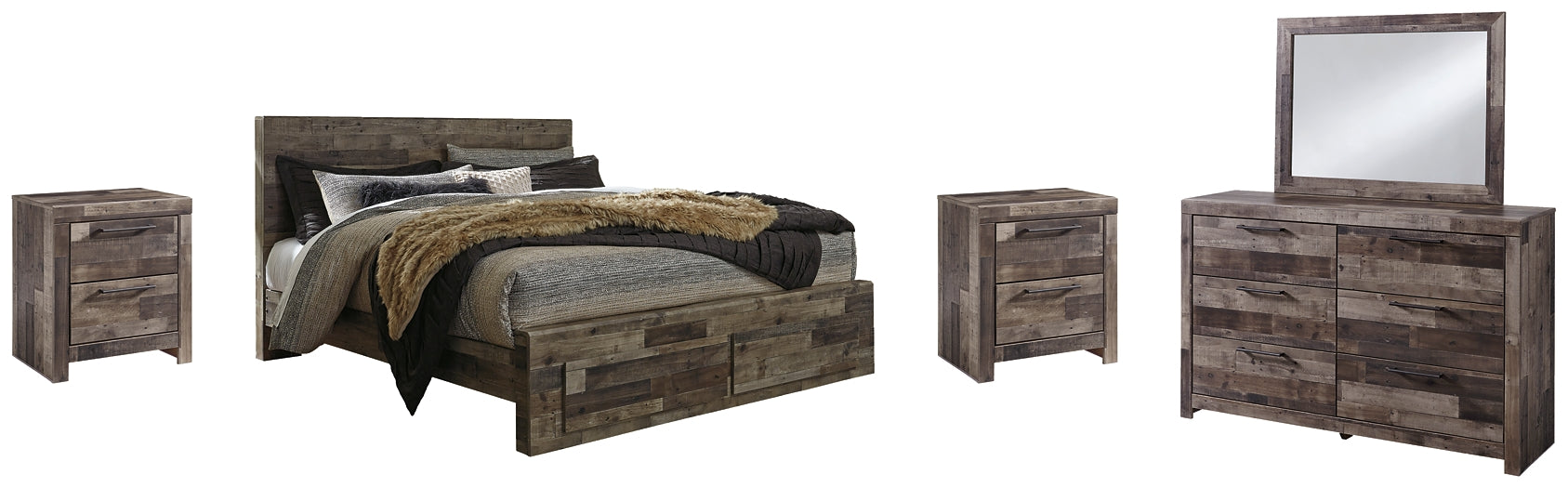 Derekson King Panel Bed with 2 Storage Drawers with Mirrored Dresser and 2 Nightstands Huntsville Furniture Outlet