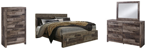 Derekson King Panel Bed with 2 Storage Drawers with Mirrored Dresser and Chest Huntsville Furniture Outlet