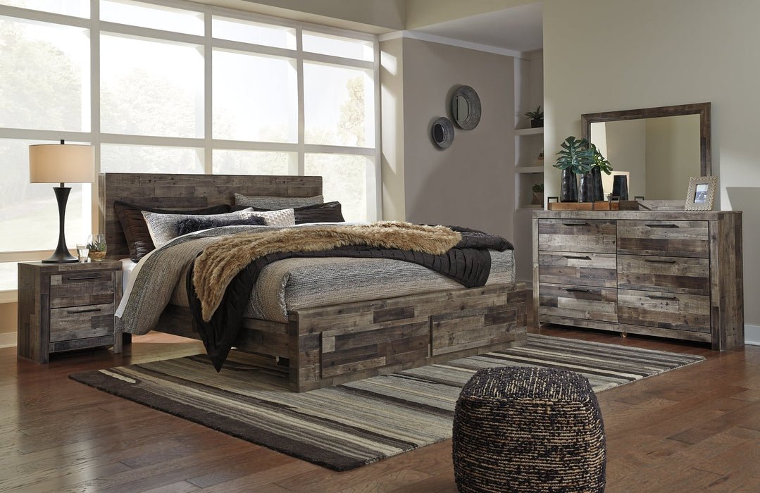 Derekson King Panel Bed with 2 Storage Drawers with Mirrored Dresser and Nightstand Huntsville Furniture Outlet