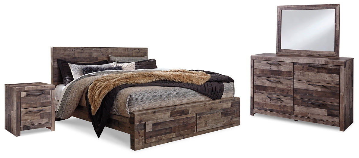 Derekson King Panel Bed with 2 Storage Drawers with Mirrored Dresser and Nightstand Huntsville Furniture Outlet