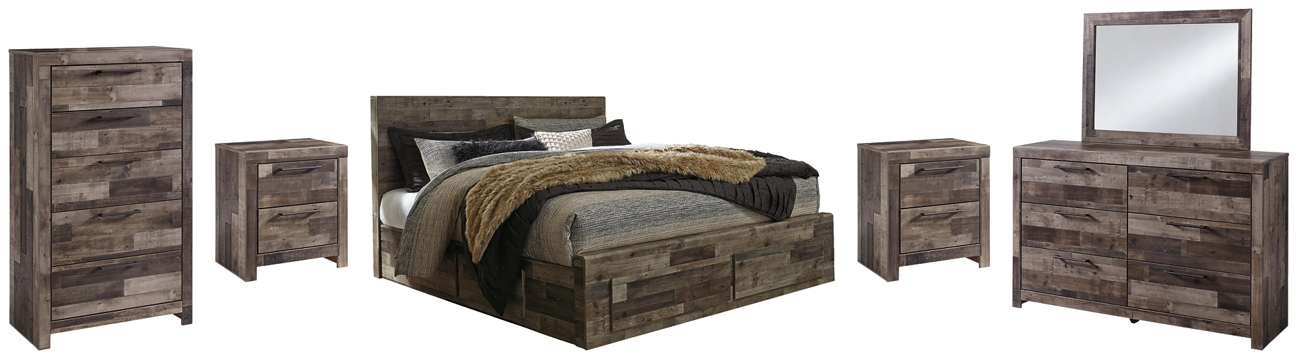 Derekson King Panel Bed with 4 Storage Drawers with Mirrored Dresser, Chest and 2 Nightstands Huntsville Furniture Outlet