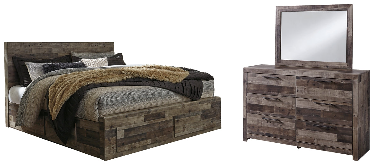 Derekson King Panel Bed with 4 Storage Drawers with Mirrored Dresser Huntsville Furniture Outlet