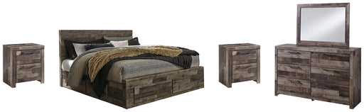 Derekson King Panel Bed with 4 Storage Drawers with Mirrored Dresser and 2 Nightstands Huntsville Furniture Outlet