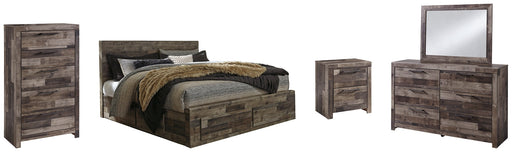 Derekson King Panel Bed with 6 Storage Drawers with Mirrored Dresser, Chest and Nightstand Huntsville Furniture Outlet