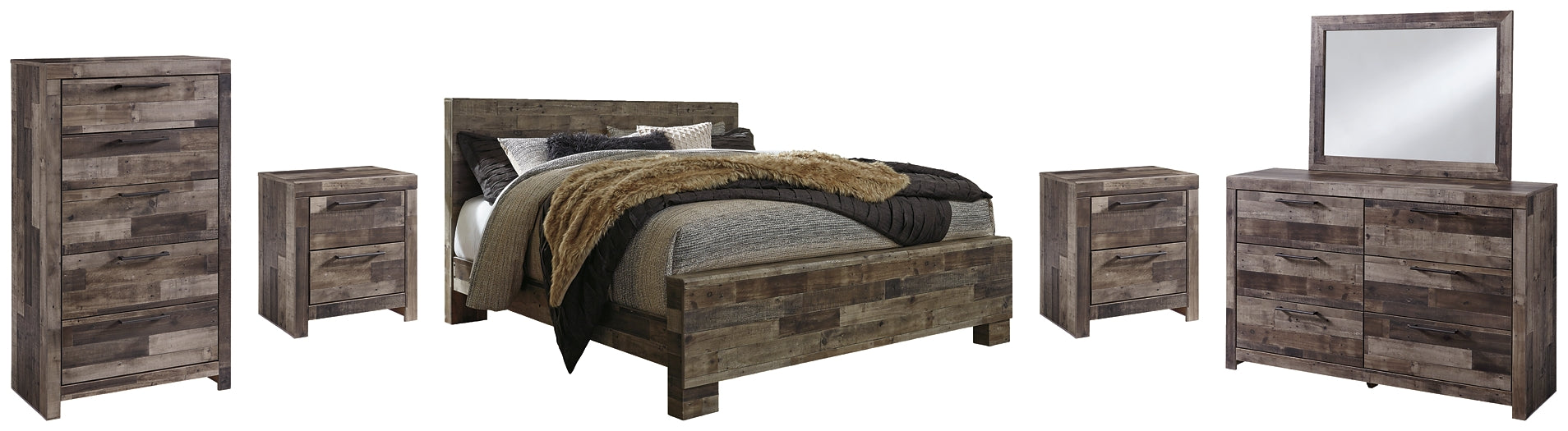 Derekson King Panel Bed with Mirrored Dresser, Chest and 2 Nightstands Huntsville Furniture Outlet