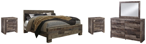 Derekson King Panel Bed with Mirrored Dresser and 2 Nightstands Huntsville Furniture Outlet