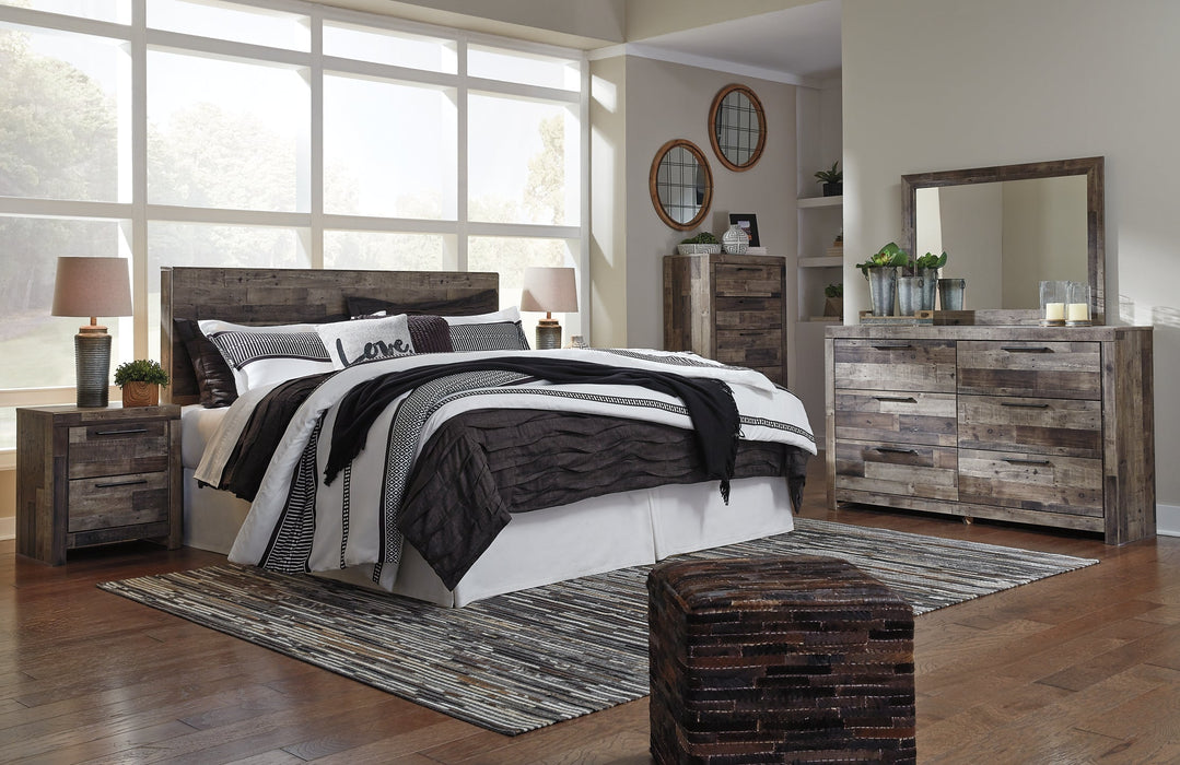 Derekson King Panel Headboard with Mirrored Dresser, Chest and 2 Nightstands Huntsville Furniture Outlet