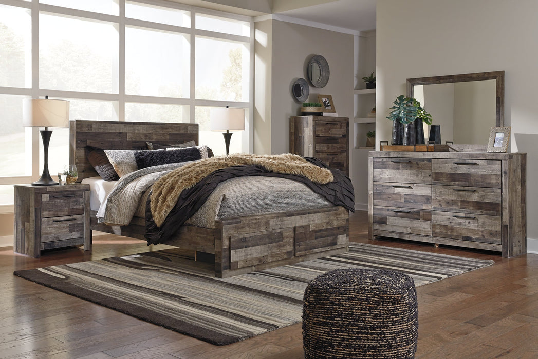 Derekson Queen Panel Bed with 2 Storage Drawers with Mirrored Dresser, Chest and 2 Nightstands Huntsville Furniture Outlet