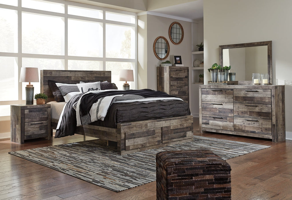 Derekson Queen Panel Bed with 2 Storage Drawers with Mirrored Dresser, Chest and 2 Nightstands Huntsville Furniture Outlet