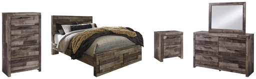 Derekson Queen Panel Bed with 2 Storage Drawers with Mirrored Dresser, Chest and Nightstand Huntsville Furniture Outlet