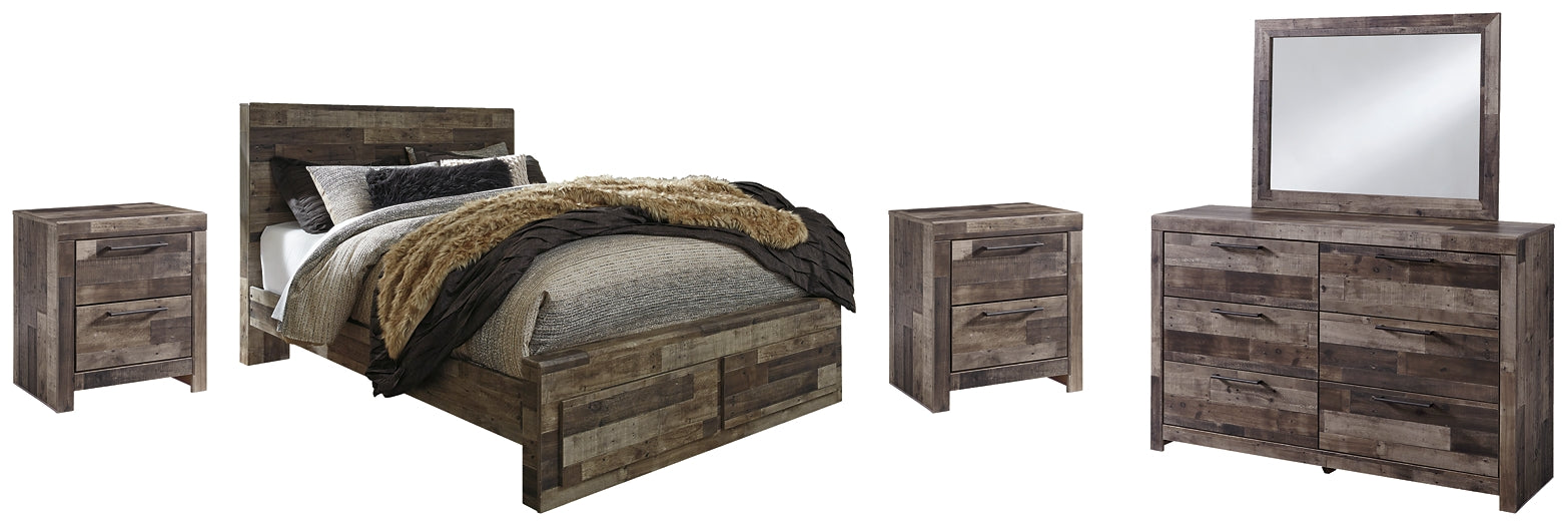 Derekson Queen Panel Bed with 2 Storage Drawers with Mirrored Dresser, Chest and Nightstand Huntsville Furniture Outlet